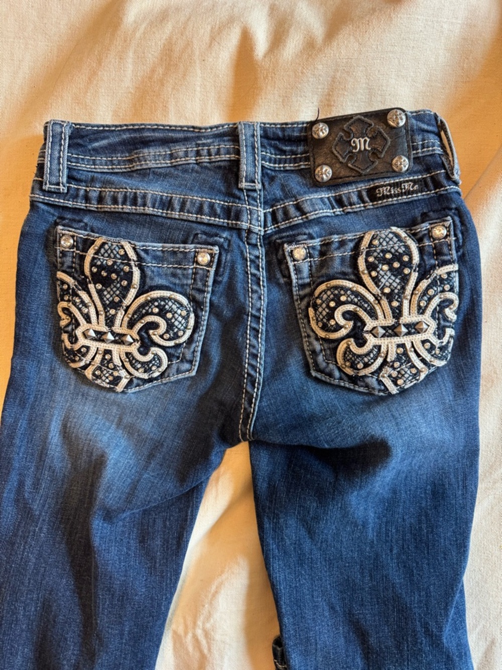 Miss Me Dark Blue Skinny Jeans with Embellished Fleur-de-Lis Pockets